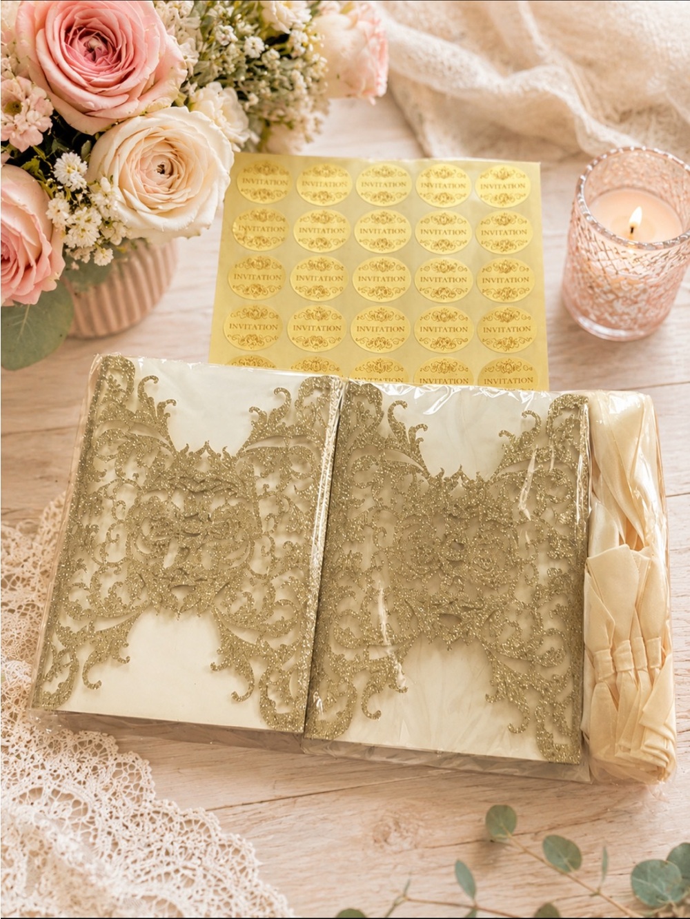 Gold Lace Invitation Sleeves - Elegant Wedding Invitation Covers